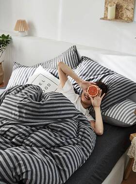 裸睡针简织竺棉床ZPI三上四件套纯棉约条纹天全棉床单