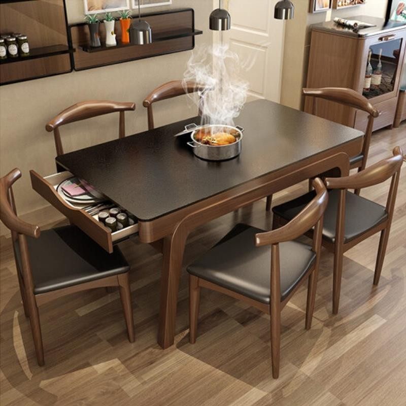 餐桌火烧石餐桌现代简约北欧实木餐桌椅组合小户型饭桌长方形桌子