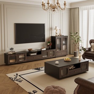 边柜 中古风电视柜茶几组合小户型客厅收纳储物柜一体家用落地法式