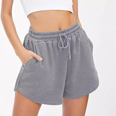 Solid color elastic lace up shorts woman松紧腰系带休闲短裤女
