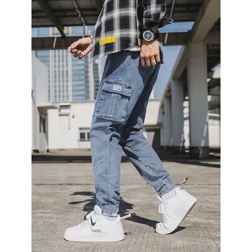 Large size small leg pants with lace up jean小脚裤系带牛仔裤