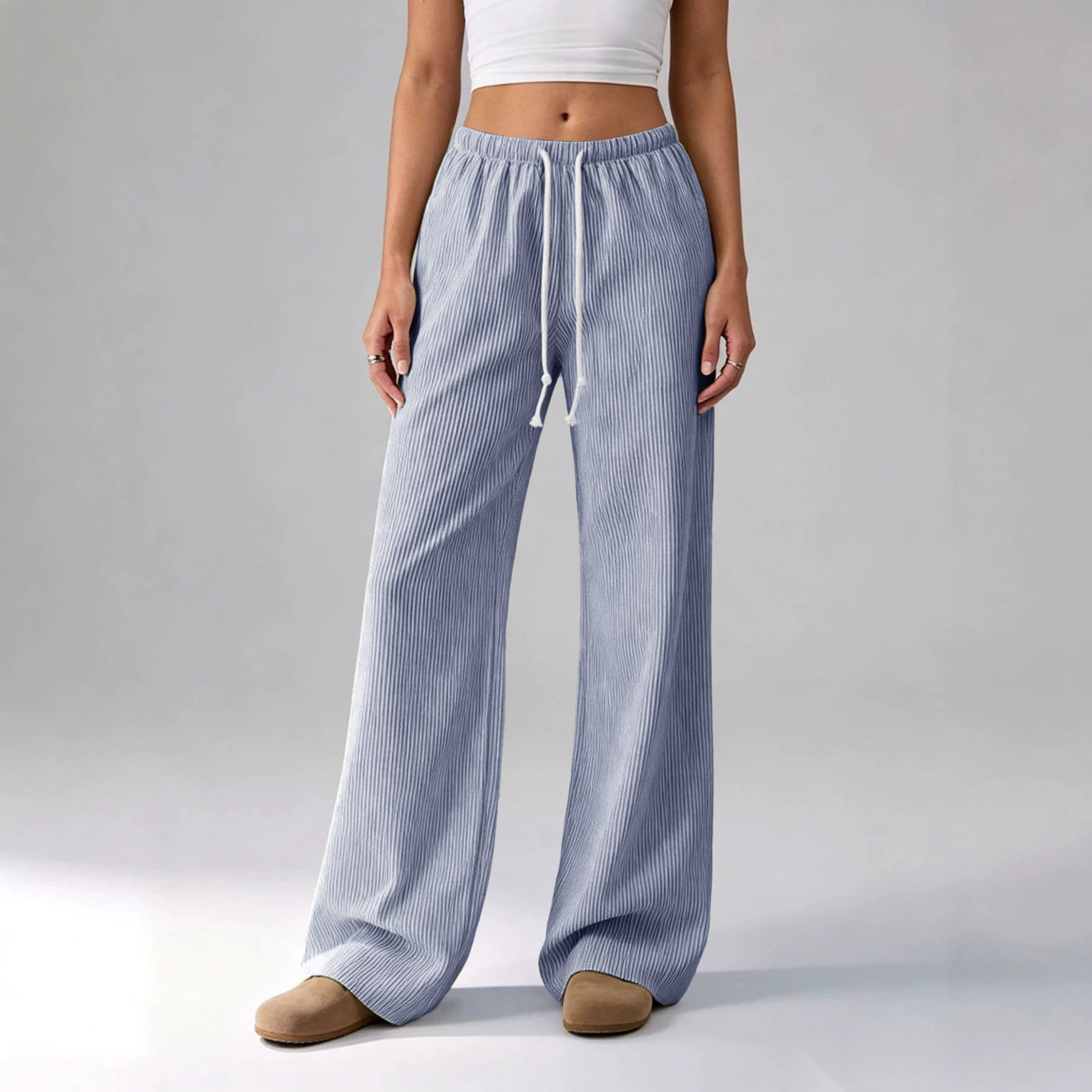 条纹拖地休闲系带阔腿裤Striped floor casual lace up leg pants