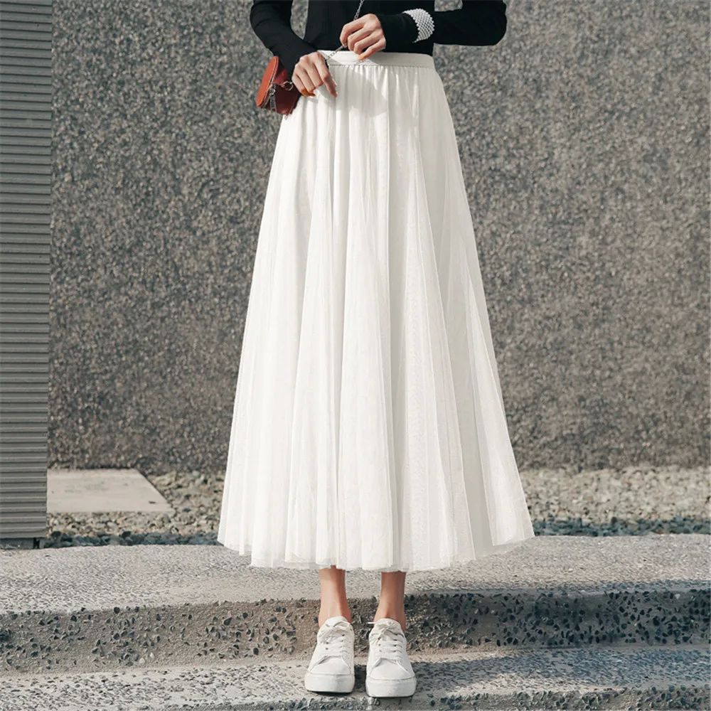 Pleated skirt mesh half length skirt women百褶裙网纱半身长裙
