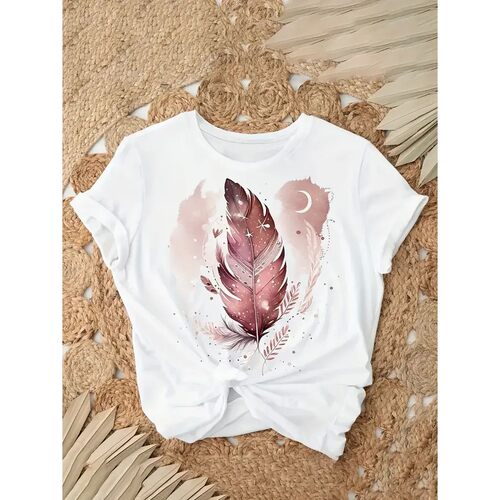 树叶印花宽松短袖上衣Leaf print loose short sleeved top women