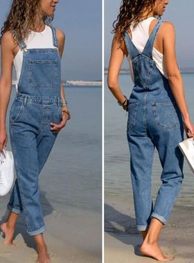 Denim overalls oversized women's pants牛仔背带裤大码纯色女裤