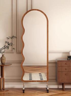 复古风客厅装饰镜JHJ板式波浪边轮穿衣镜滑子居可移动式全身镜家