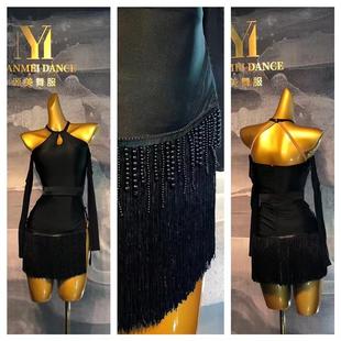 服拉丁比赛女挂脖长袖艺考珍珠舞表演服班LF2210恰恰桑巴服定制