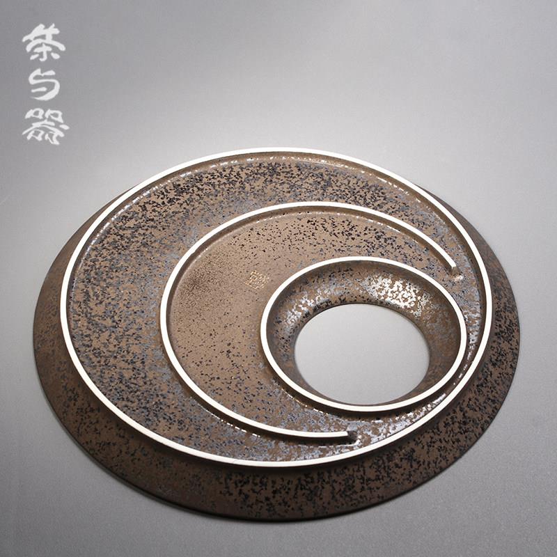 学堂圆盘陶瓷家用茶台储承水式壶干IPB泡台乌黑金釉实木茶简约茶