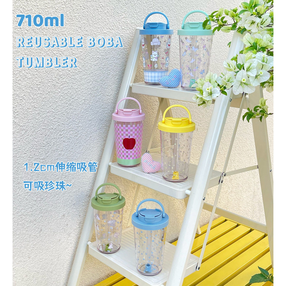 2025新款710ml吸管杯大孔可吸珍珠奶茶杯Tritan伸缩吸管印花水杯