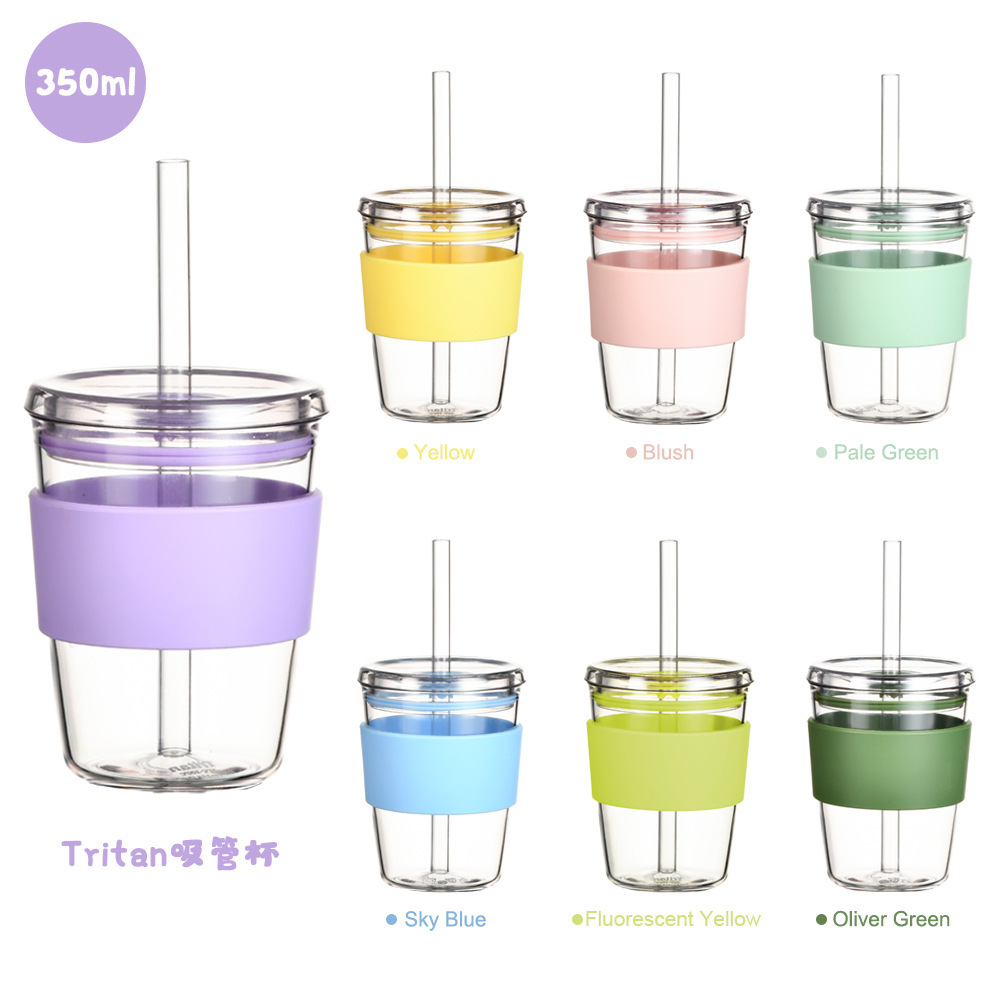 2025新款350ml Tritan吸管杯奶茶杯咖啡杯多色带腰套吸管水杯