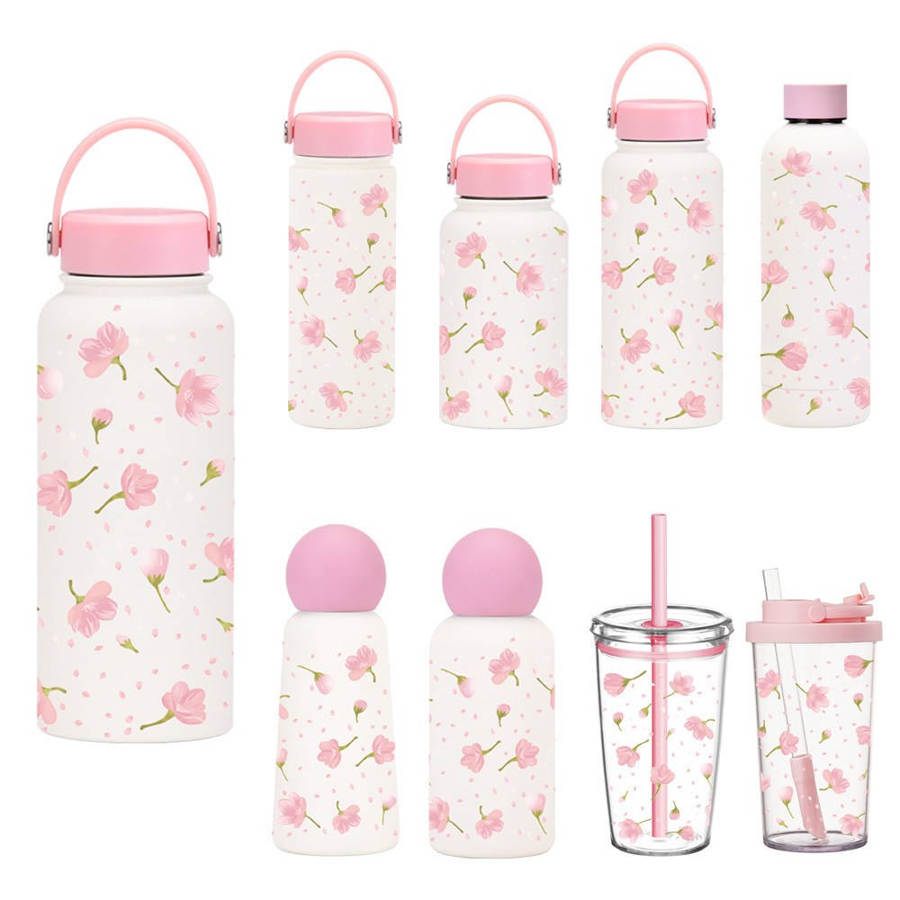 新款不锈钢保温杯带吸管奶茶杯Tritan杯樱花套装便携提手运动水杯