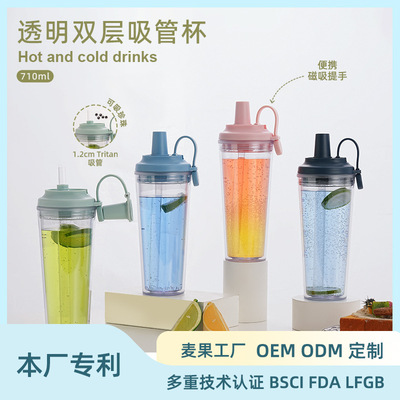 2025新款双层塑料吸管杯定制大孔可吸珍珠奶茶杯便携磁吸提手水杯