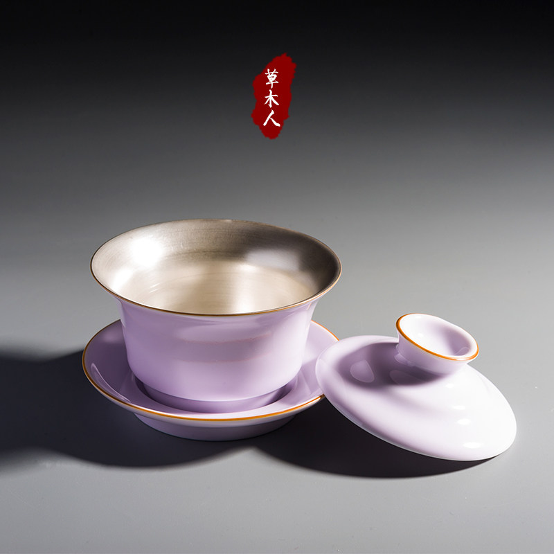 999纯银鎏银盖碗茶杯茶碗大号功夫茶具泡茶碗陶瓷三才碗手抓茶壶