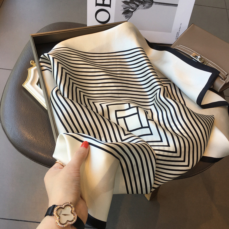 欧洲站LVBT杭州丝绸100%桑蚕丝丝巾北欧简约女70cm方巾条纹真丝围