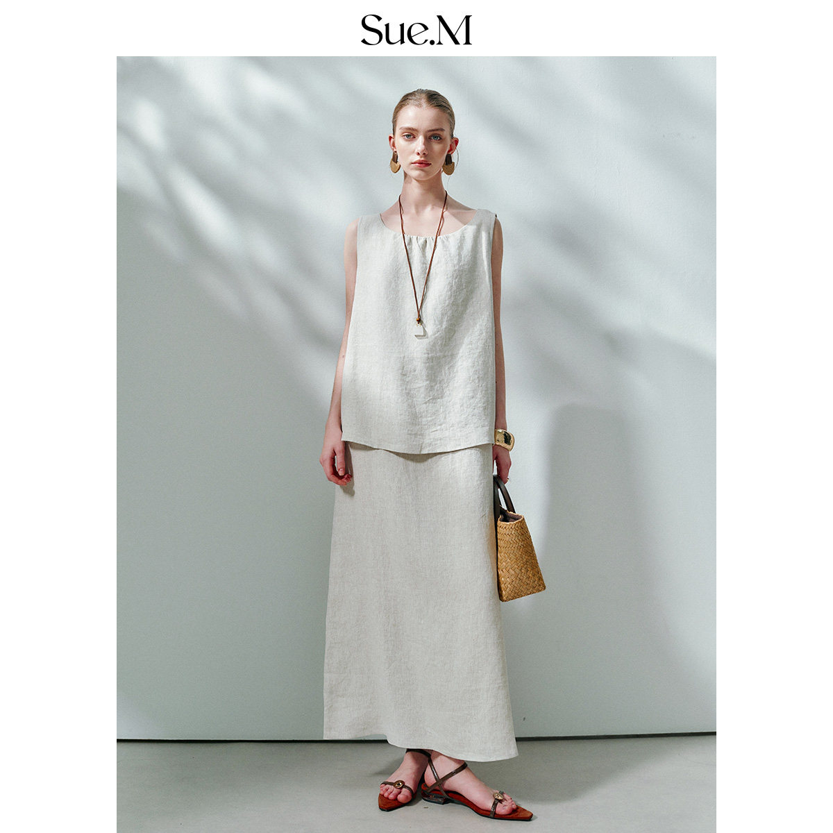 Sue.M 假两件100%进口亚麻法式无袖长款连衣裙女松弛感老钱风裙子