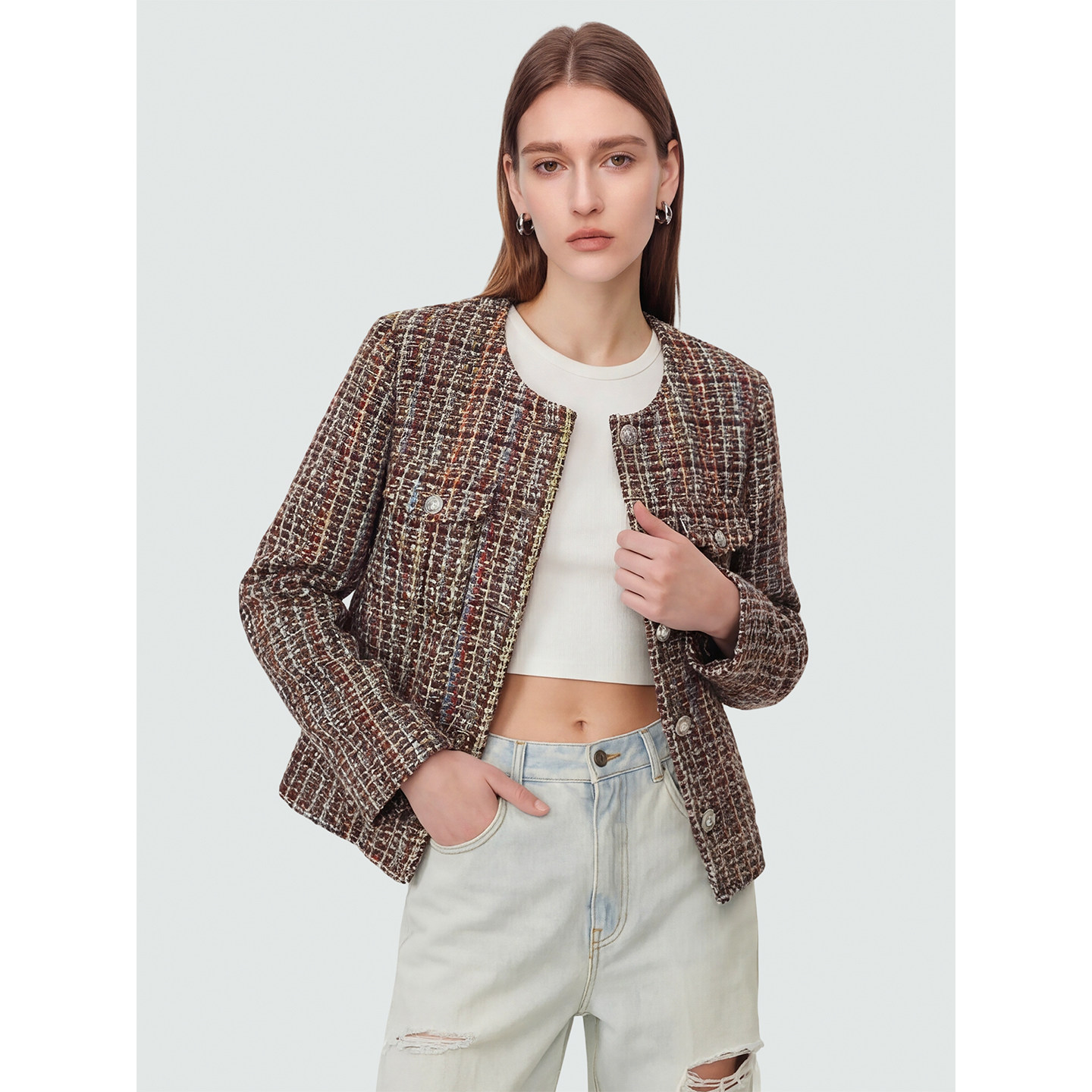 Sue.M 进口Linton面料粗花呢小香风女26春桑蚕丝内里轻奢短外套女
