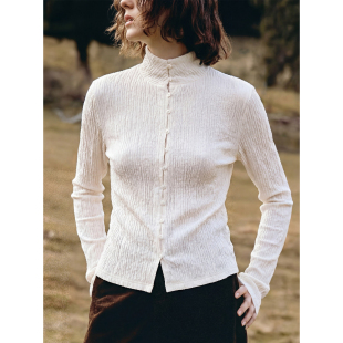 t恤女士26春立领长袖 肌理褶皱醋酸针织衬衫 显瘦上衣 轻法式 Sue.M