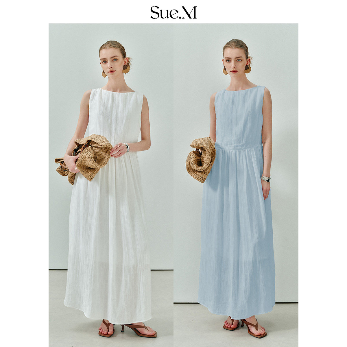 Sue.M 天丝凉感背心式连衣裙2025夏季新款简约一字领无袖麻裙女士,女装/女士精品,连衣裙,淘宝优惠券,粉丝福利购,淘宝优惠卷