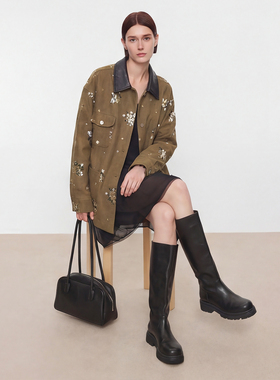 Sue.M 巴恩风绣花钉珠pu领纯棉外套26春季新款卡其色翻领复古外套
