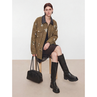 新款 卡其色翻领复古外套 巴恩风绣花钉珠pu领纯棉外套26春季 Sue.M