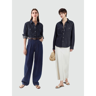 新款 女26春季 深蓝通勤叠穿衬衣女 复古双贴袋细闪牛仔衬衫 Sue.M