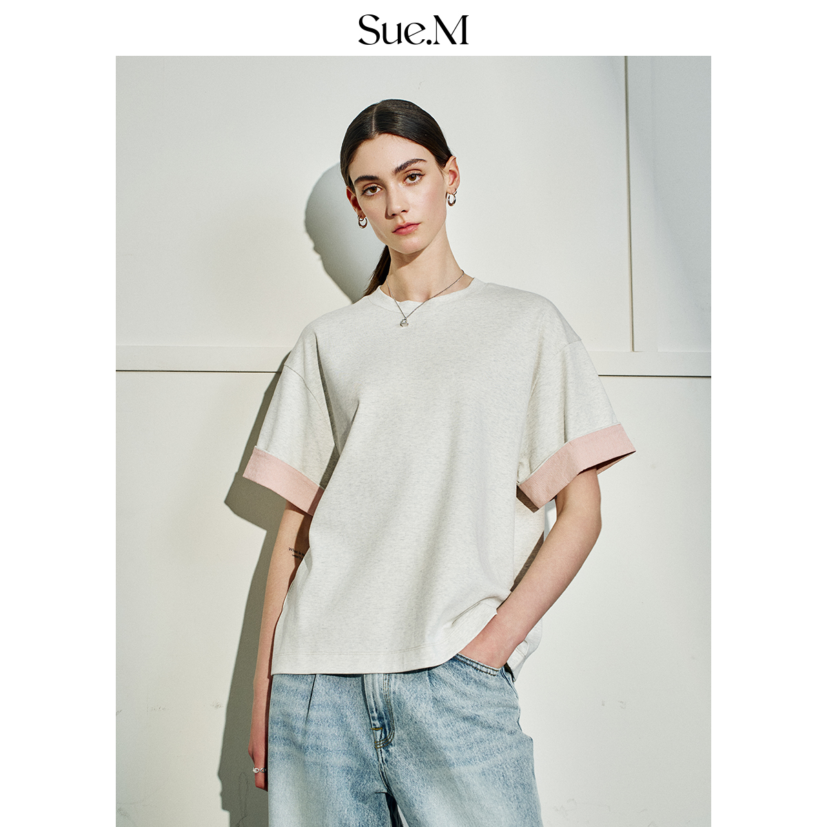 Sue.M 撞色拼接翻袖口精梳棉圆领短袖t恤  40S水柔棉宽松通勤上衣