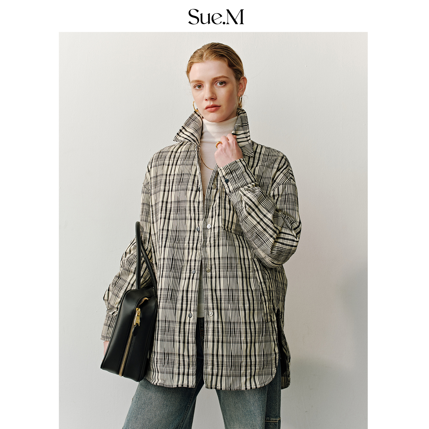 Sue.M 波兰进口95白鹅绒羽绒服25秋冬秩序黑标条翻领衬衫鹅绒服女