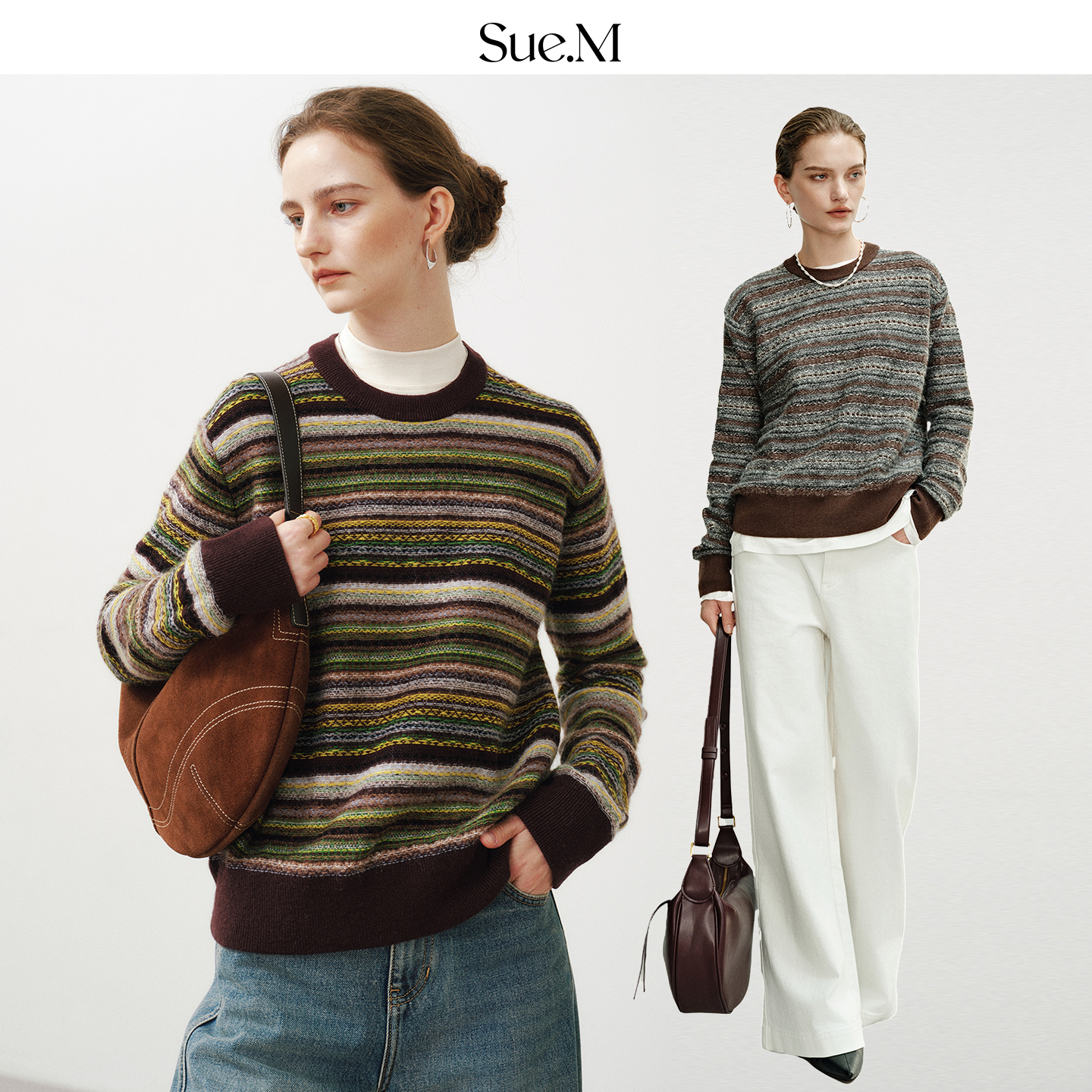 Sue.M 复古棕条费尔岛撞色浮线提花毛衣25秋冬三重绒感软糯针织衫