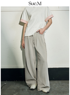 Sue.M 进口OTRA雅痞低腰松弛感显瘦宽松直筒灰色阔腿牛仔裤女士