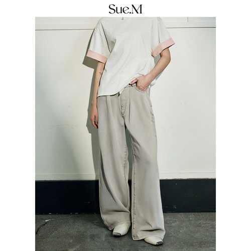 Sue.M 进口OTRA雅痞低腰松弛感显瘦宽松直筒灰色阔腿牛仔裤女士