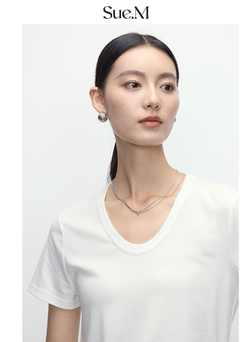 Sue.M  莱赛尔兰精天丝T恤女凉感舒适透气纯色通勤U领正肩t恤女士