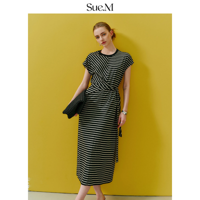 Sue.M 黑白条纹连衣裙天丝凉感收腰显瘦慵懒法式圆领针织连衣裙女