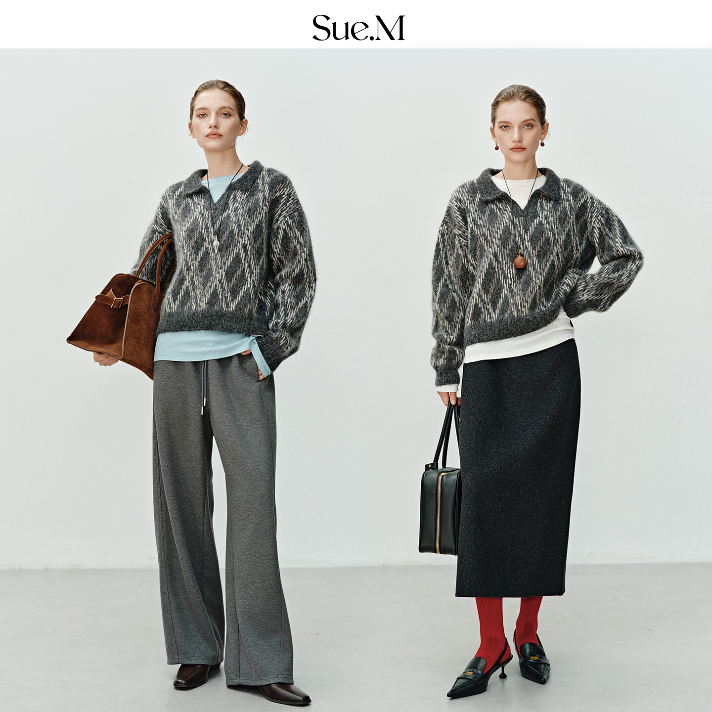 Sue.M 重工8MM立体菱格提花翻领毛衣25秋冬叠穿套头廓形针织衫女