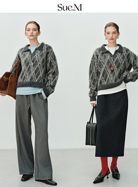 Sue.M 重工8MM立体菱格提花翻领毛衣25秋冬叠穿套头廓形针织衫女