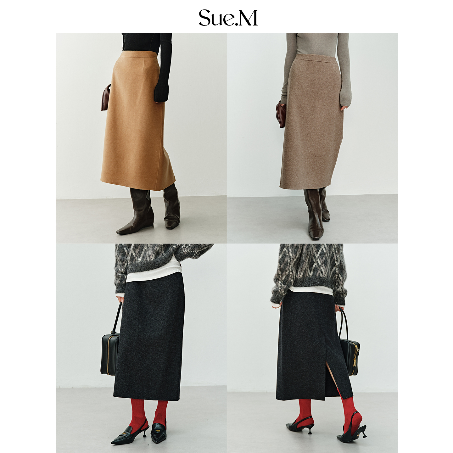 Sue.M 100高支水溶绵羊毛毛呢半身裙女25秋冬细腻山羊绒直筒半裙
