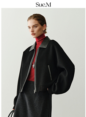 Sue.M H家经典复古翻领短款羊毛毛呢外套25秋冬廓形小羊皮领夹克