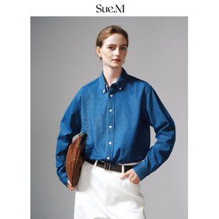 Sue.M 奢感复古金丝细闪牛仔衬衫25秋冬新款长绒棉美式翻领衬衣女
