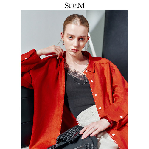 Sue.M 进口红色珠边女士亚麻衬衫度假风老钱风松弛感宽松衬衣女士