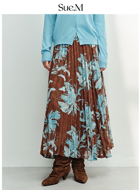 Sue.M 重工水墨画提花松紧腰半裙26春 立体百褶经典A字垂感显瘦裙