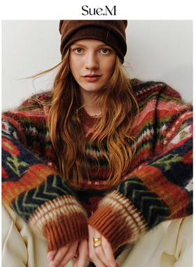 Sue.M 【新年毛衣】复古提花费尔岛25冬羊毛羊绒套头圆领毛衣女士