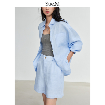 Sue.M进口亚麻衬衫/短裤套装度假老钱风夏日轻薄宽松蓝色衬衣女士