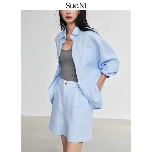 Sue.M进口亚麻衬衫/短裤套装度假老钱风夏日轻薄宽松蓝色衬衣女士