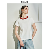 撞色领T恤女士 ins风红色领口短袖 棉T恤女2025夏装 Sue.M 新款 上衣