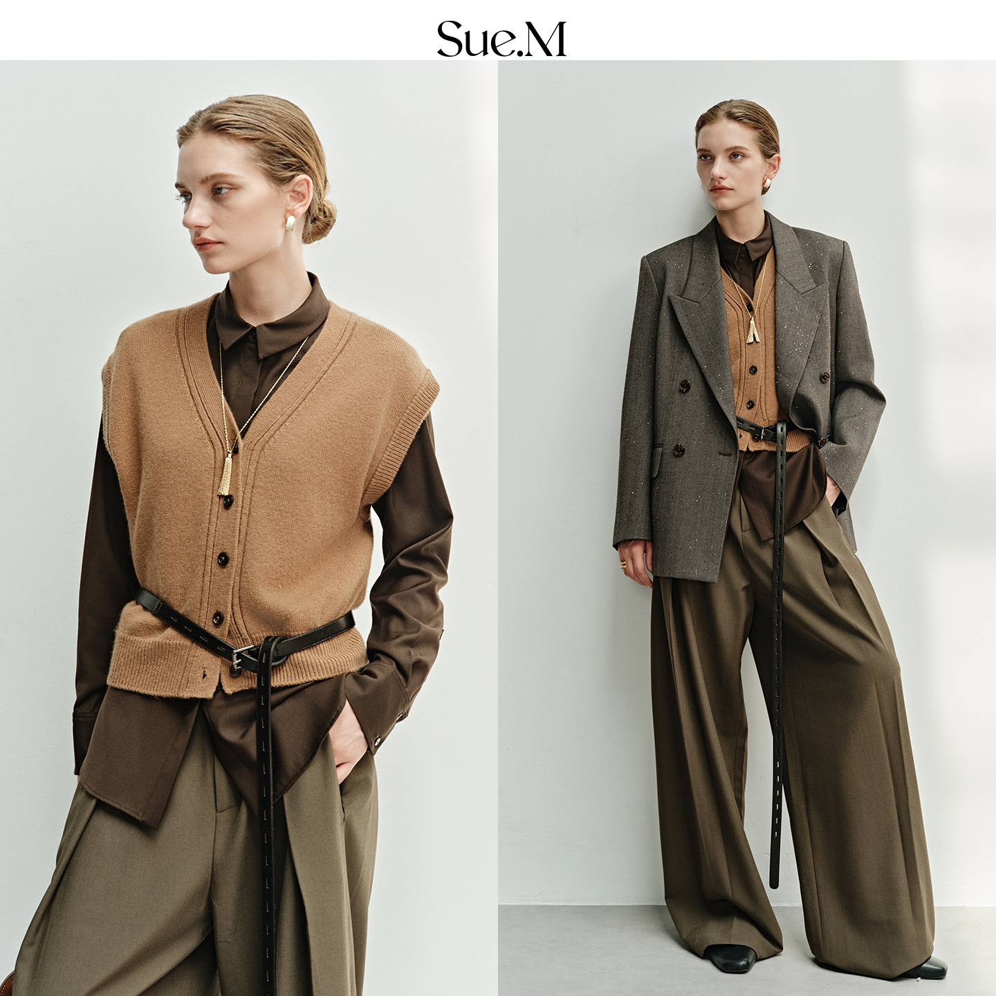 Sue.M 老钱风100%羊毛马甲25冬季V领内搭单穿百搭叠穿开衫马夹女