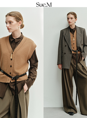 Sue.M 老钱风100%羊毛马甲25冬季V领内搭单穿百搭叠穿开衫马夹女