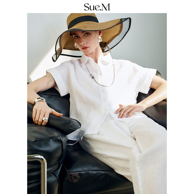 SUE.M 100%进口亚麻短袖衬衫宽松松弛感老钱风高端亚麻衬衫女夏季