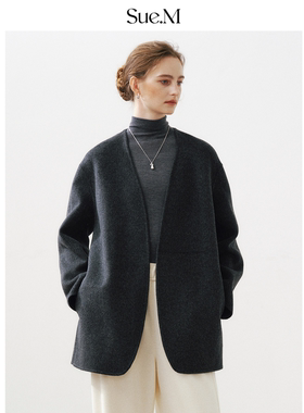 Sue.M ROW风极简风无领羊毛大衣女25冬季新款含羊绒灰色毛呢外套