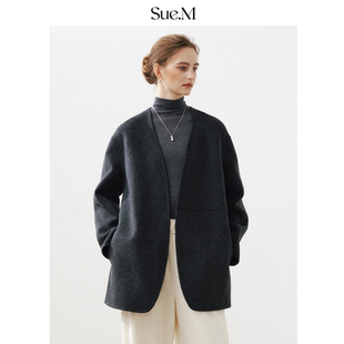 含羊绒灰色毛呢外套 新款 Sue.M ROW风极简风无领羊毛大衣女25冬季