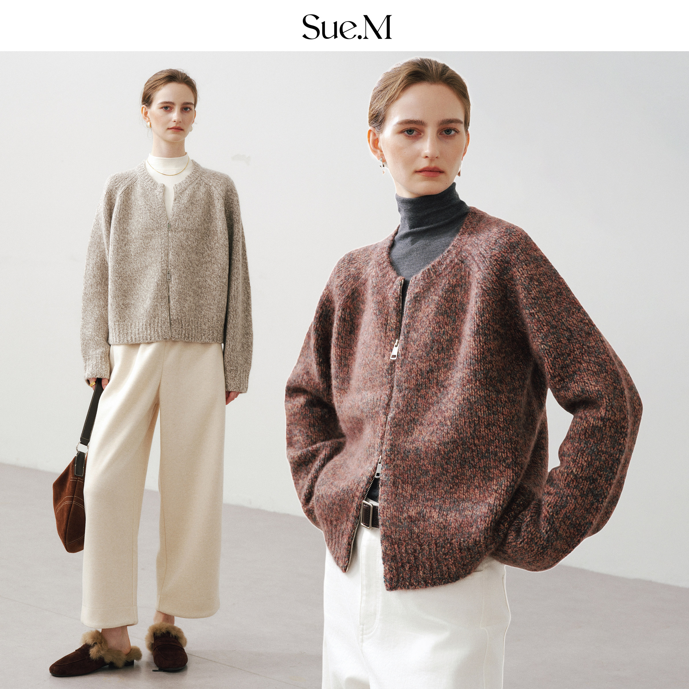 Sue.M 复古花纱圆领羊毛拉链针织开衫女25冬季新款牦牛绒加厚毛衣