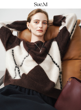 Sue.M 立体肌理菱形格毛衣女25冬100%羊毛宽松圆领套头拉毛毛衣女